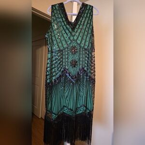 Babeyond 1920s-style Emerald Beaded & Sequin Flapper Dress With Fringe 3XL